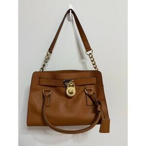 Michael Kors Brown Leather Gold-Tone Logo Strap Chains Satchel Shoulder Bag